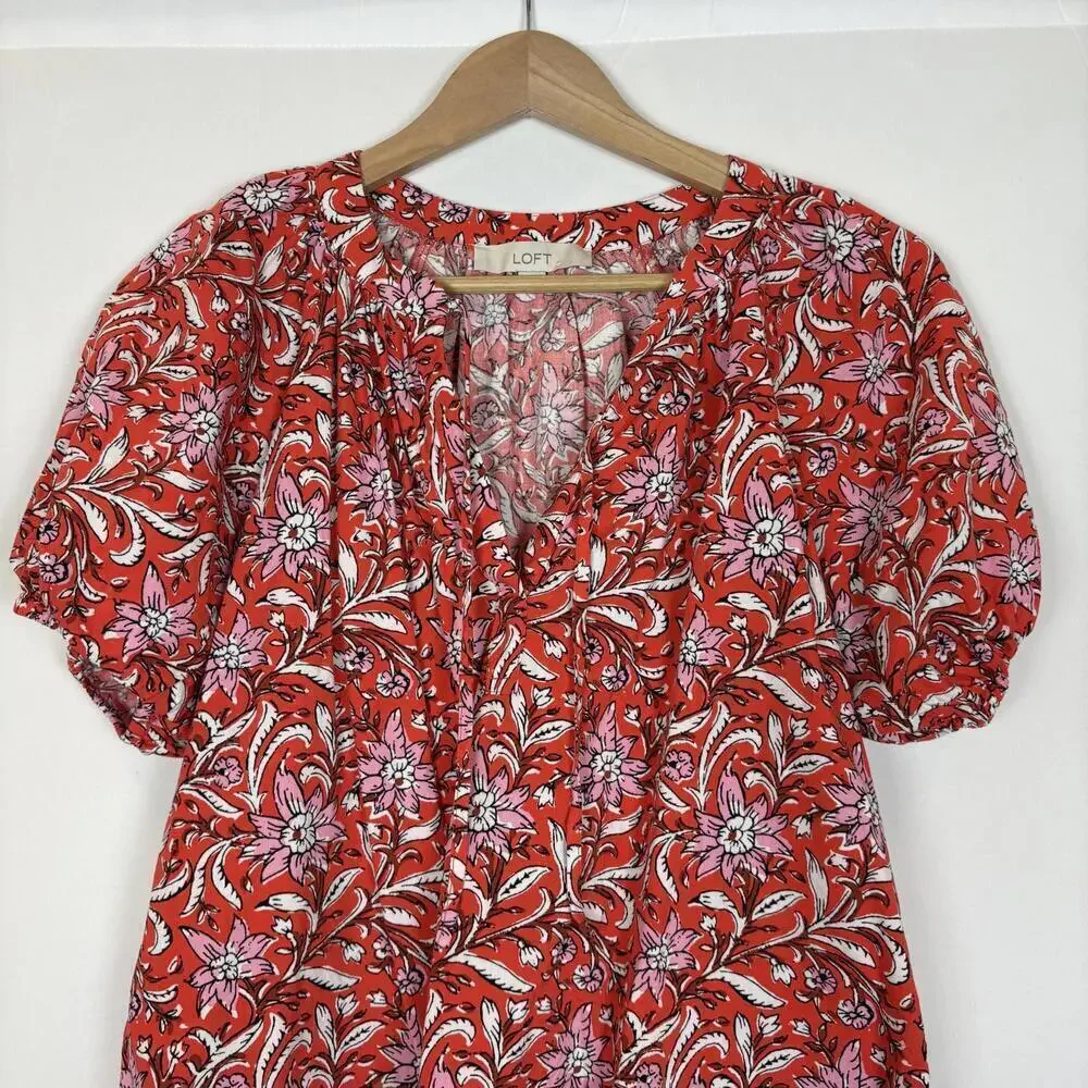 LOFT Size: XS Red Floral Spring Bloom Tie Neck Puff Sleeve Tunic Top